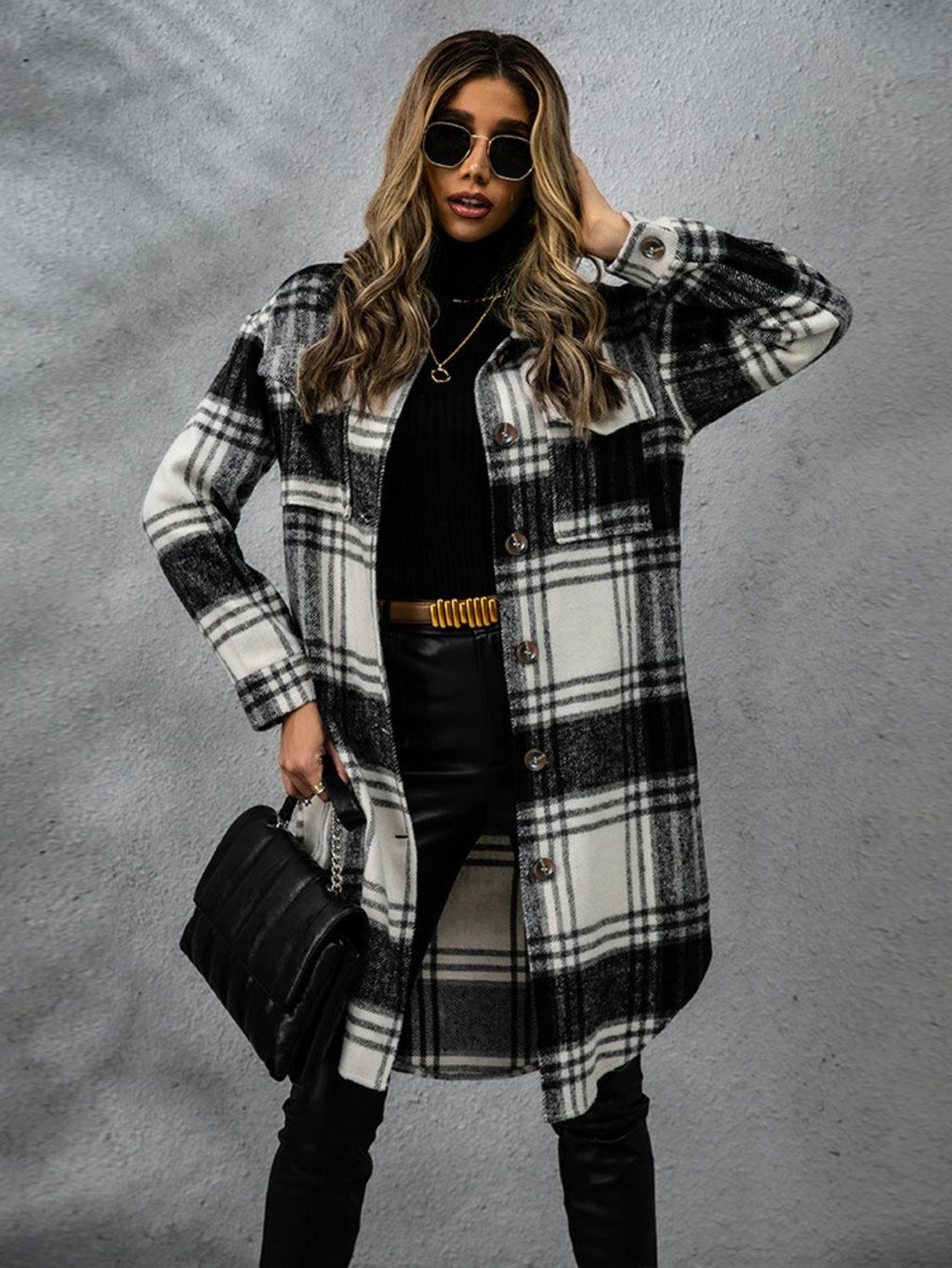 Plaid Collared Neck Long Sleeve Coat Carauana Store