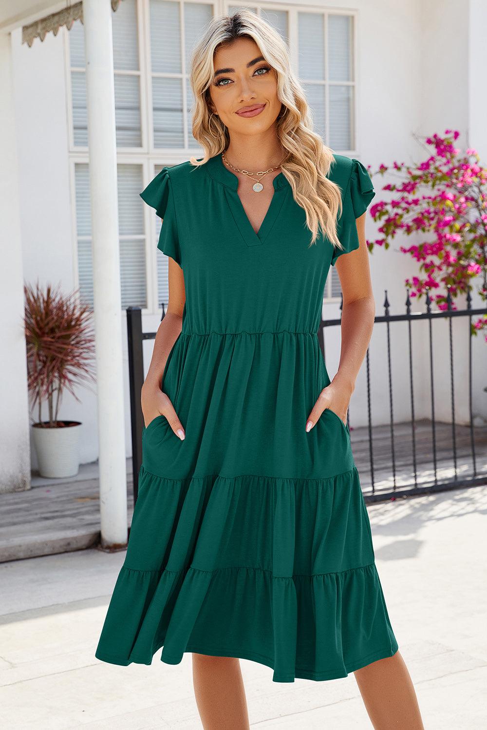 Ruched Notched Cap Sleeve Dress Carauana Store