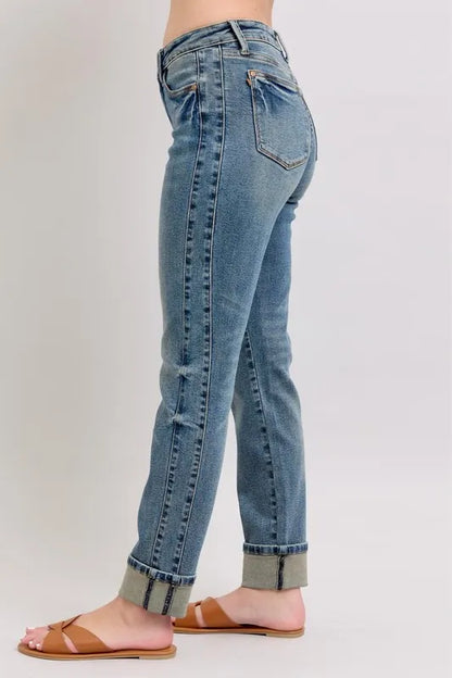 Judy Blue Full Size Mid Rise Vintage Wash Double Roll Cuff Boyfriend Jeans Plus Size Carauana Store