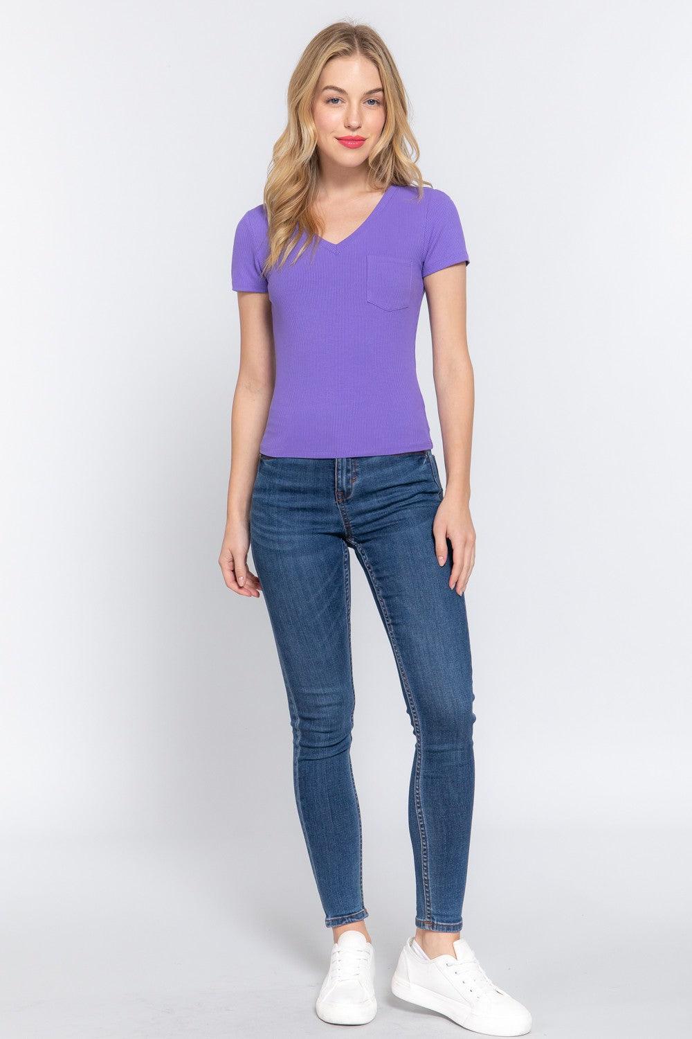 ACTIVE BASIC V-Neck Ribbed Short Sleeve Knit T-Shirt Carauana Store