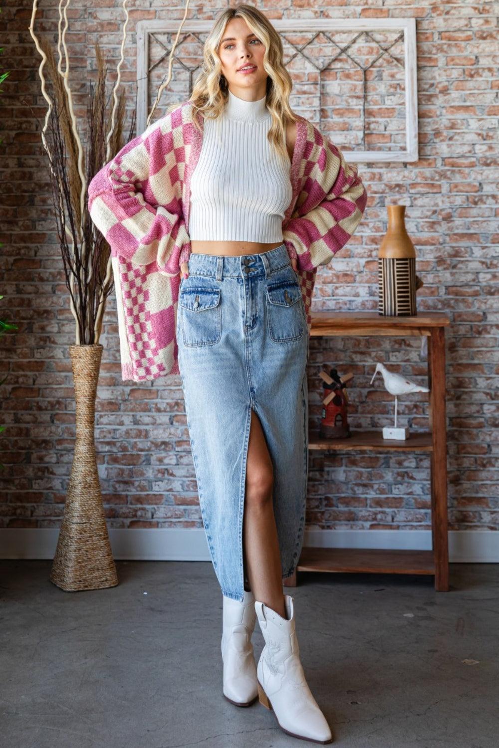 Veveret Slit Mid Rise Waist Denim Skirt Carauana Store