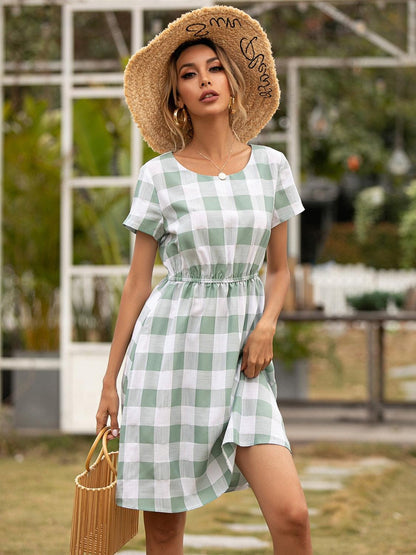 Smocked Plaid Round Neck Short Sleeve Dress CaRaUaNa Fashion