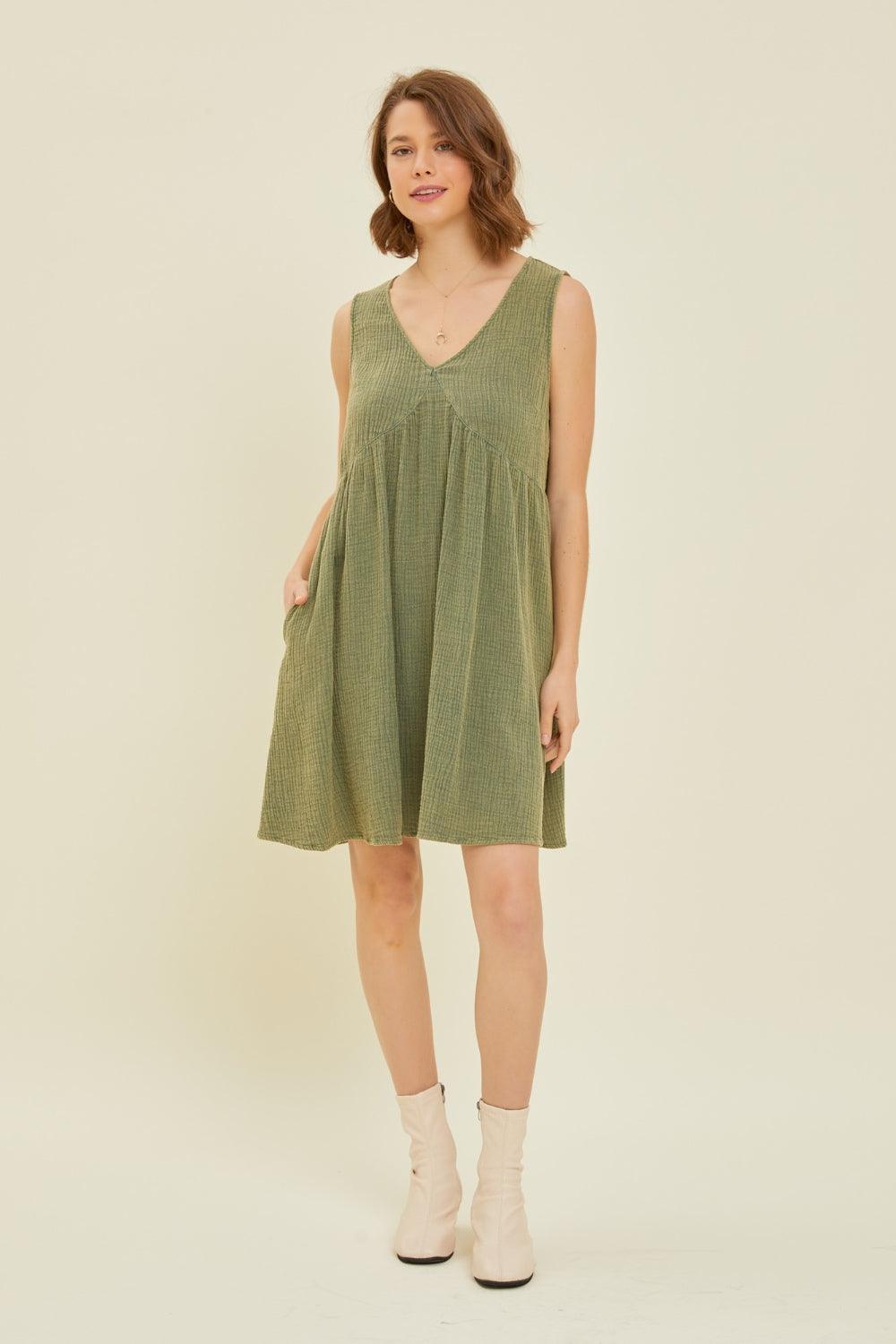 HEYSON Full Size Texture V-Neck Sleeveless Flare Mini Dress Carauana Store