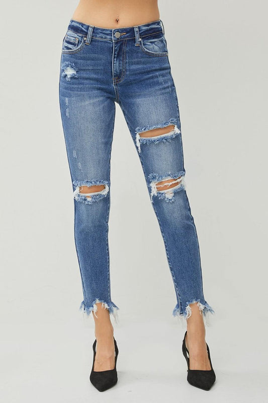 RISEN Distressed Frayed Hem Slim Jeans Carauana Store