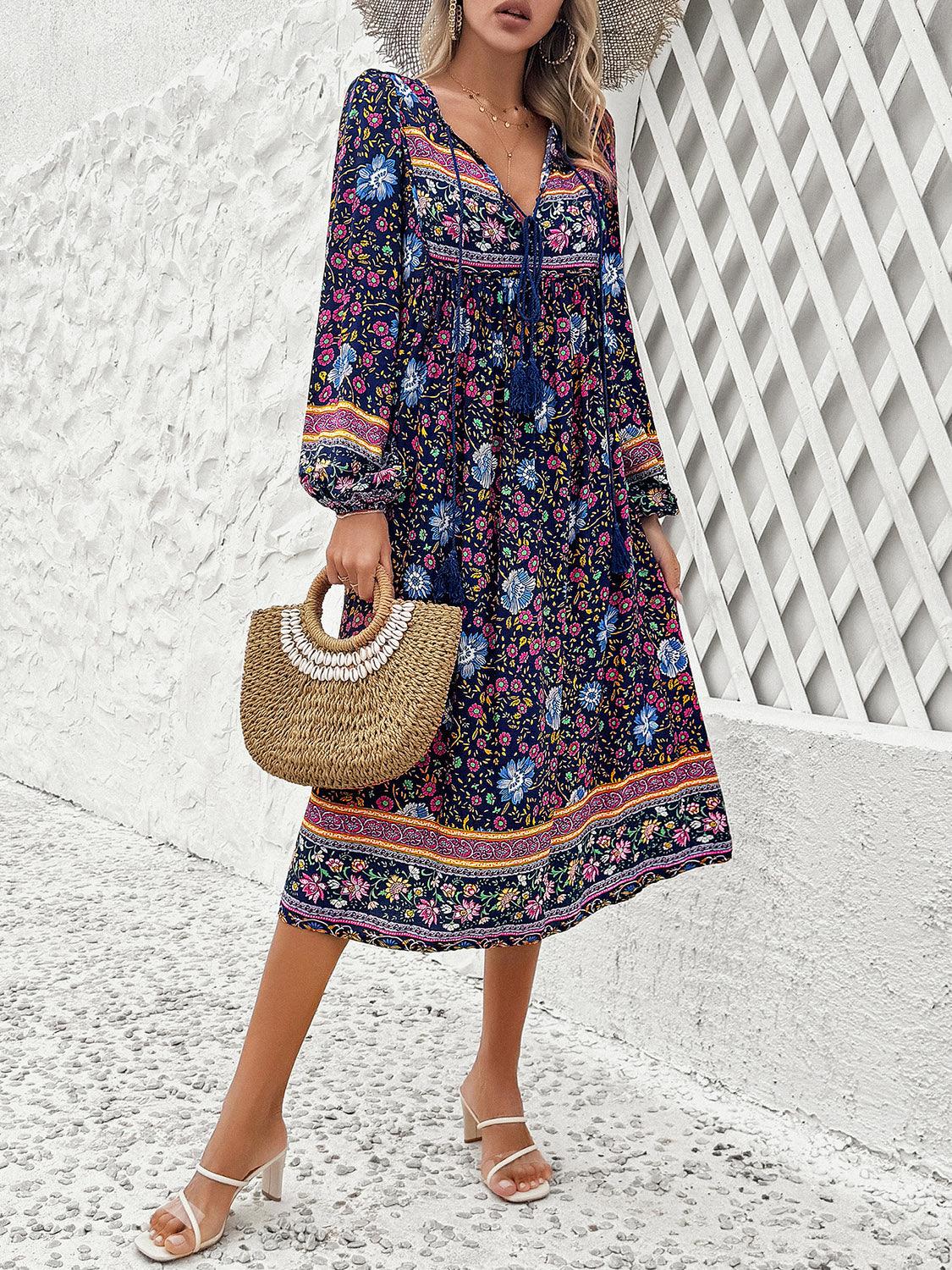 Tassel Tied Printed Long Sleeve Dress Carauana Store