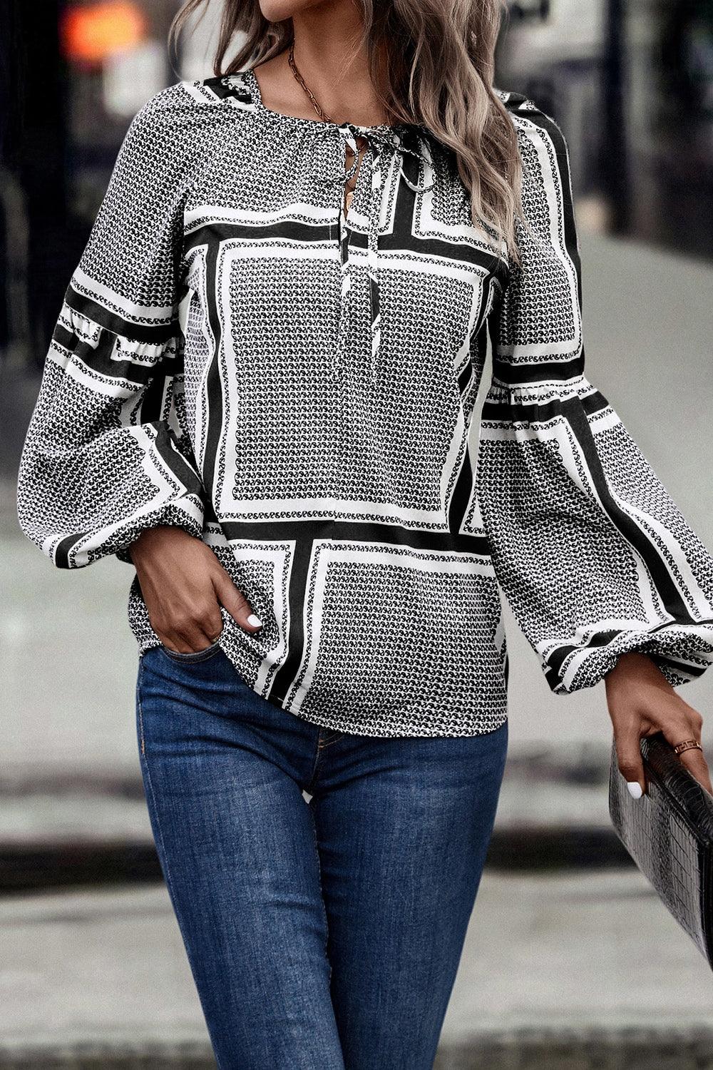 Contrast Printed Tie Neck Balloon Sleeve Blouse Carauana Store