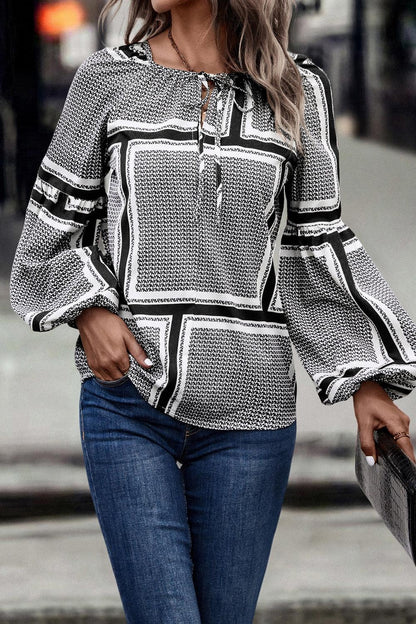 Contrast Printed Tie Neck Balloon Sleeve Blouse Carauana Store