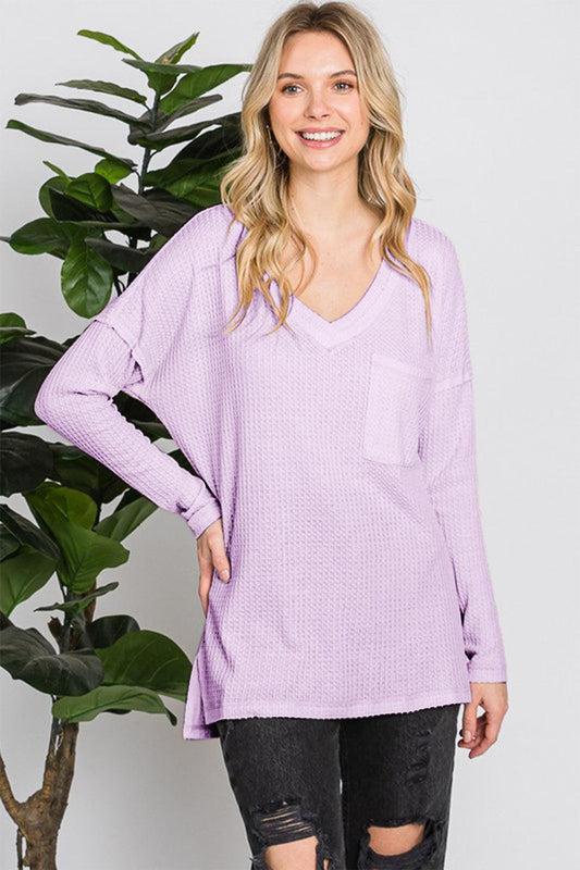 Reborn J Waffle Knit V-Neck Long Sleeve T-Shirt Carauana Store