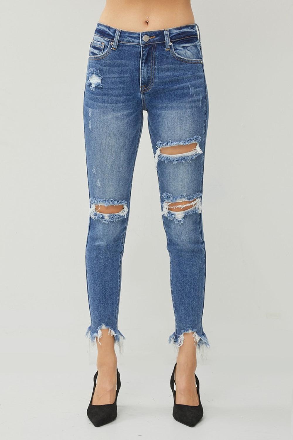 RISEN Distressed Frayed Hem Slim Jeans Carauana Store