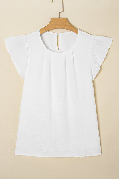 White Flounce Sleeve Pleated Textured Blouse