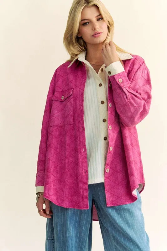 Davi & Dani Curved Hem Diamond Quilted Button Up Denim Shacket Carauana Store