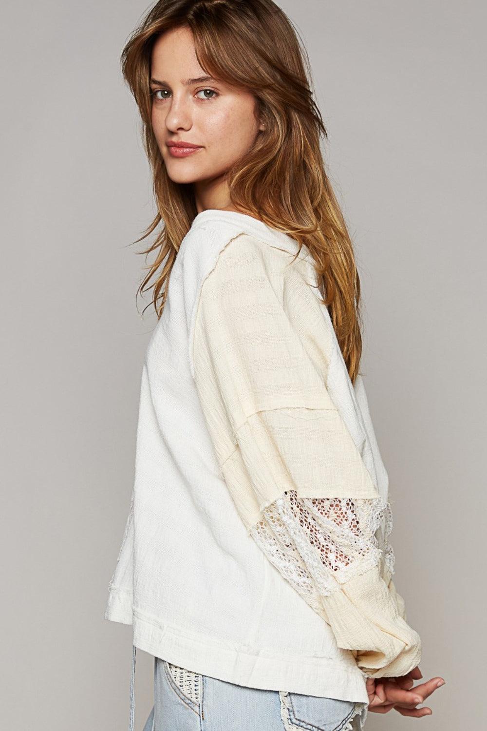POL Balloon Sleeve Crochet Patch Top Carauana Store