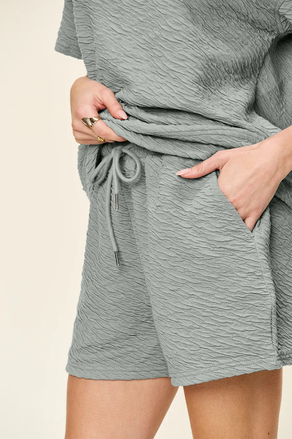 Double Take Full Size Texture Short Sleeve T-Shirt and Drawstring Shorts Set CaRaUaNa Fashion