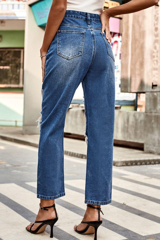 Distressed High Waist Straight Jeans Carauana Store