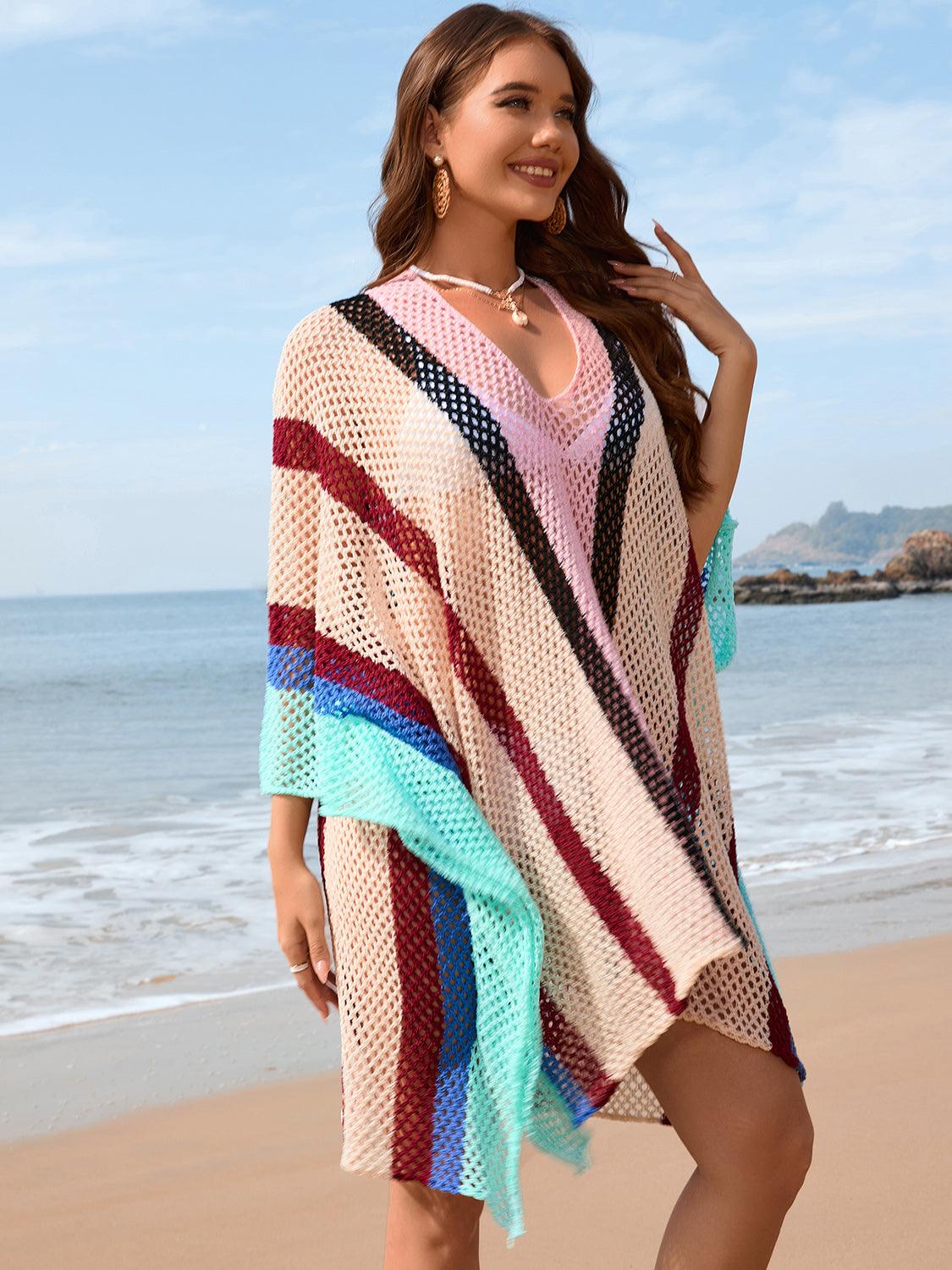 Openwork Color Block Plunge Cover-Up CaRaUaNa Fashion