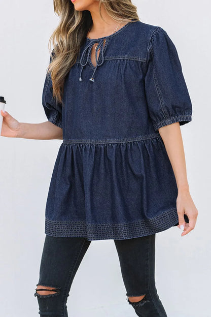 Tie Neck Babydoll Denim Top Carauana Store