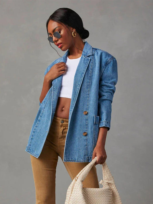 Collared Neck Long Sleeve Denim Jacket Carauana Store