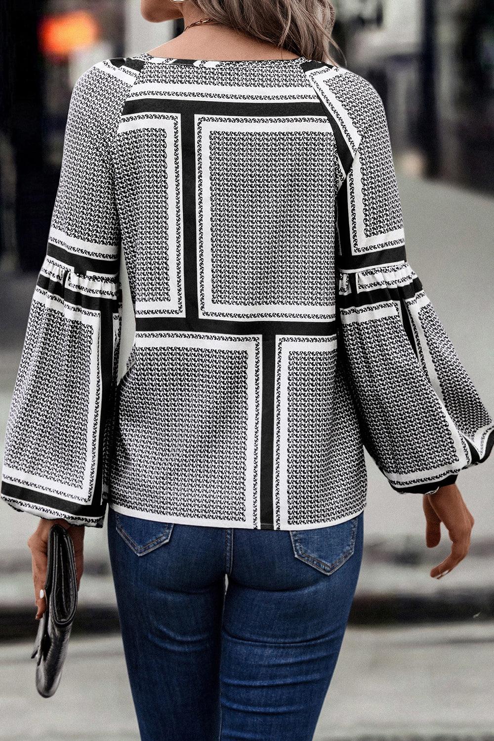 Contrast Printed Tie Neck Balloon Sleeve Blouse Carauana Store