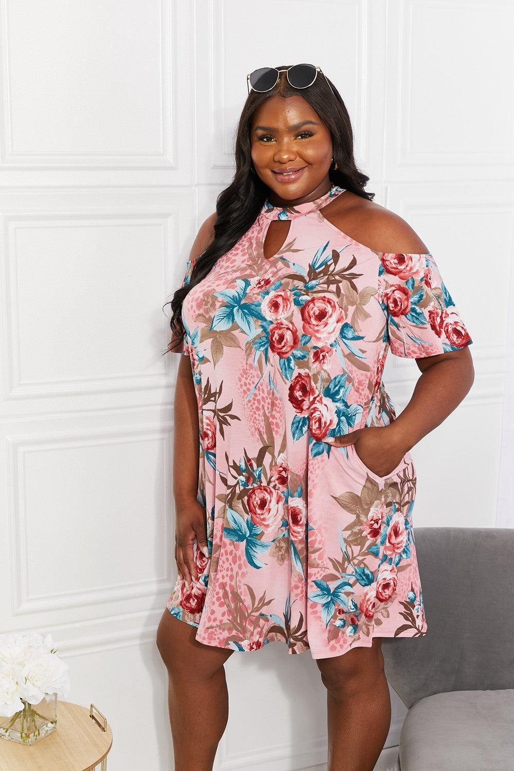 Sew In Love Full Size Fresh-Cut Flowers Cold-Shoulder Dress Carauana Store