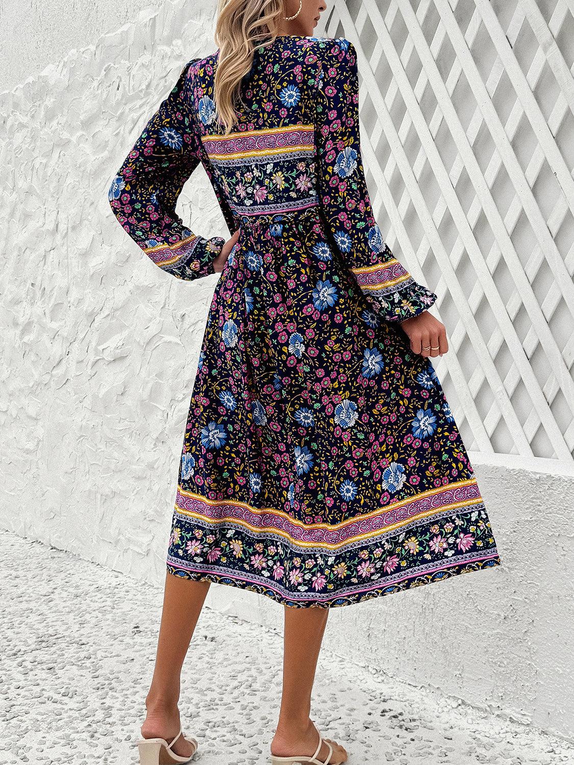 Tassel Tied Printed Long Sleeve Dress Carauana Store