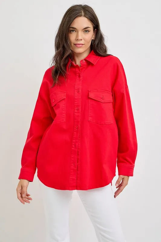 RISEN Button Down Long Sleeve Denim Shacket with Chest Pockets Carauana Store