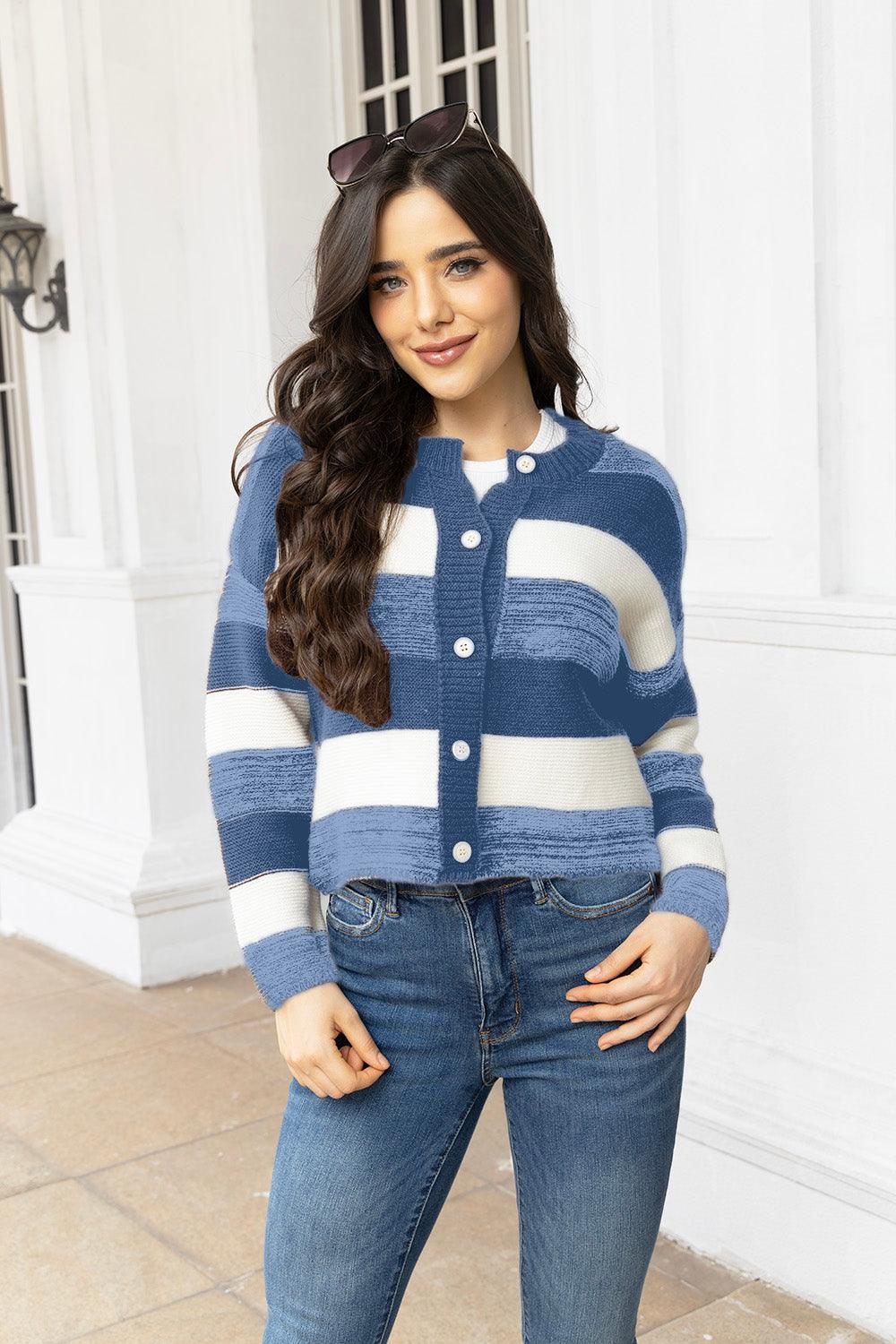 Striped Button Up Long Sleeve Cardigan Carauana Store
