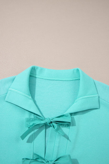 Moonlight Jade Bow Front Bracelet Sleeve Collared Side Pocket Shift Mini Dress