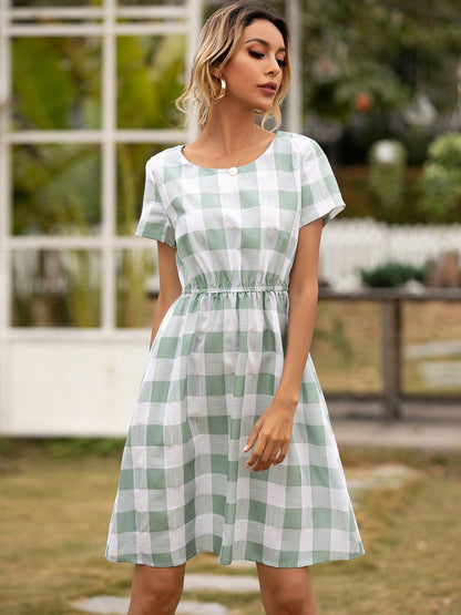 Smocked Plaid Round Neck Short Sleeve Dress CaRaUaNa Fashion