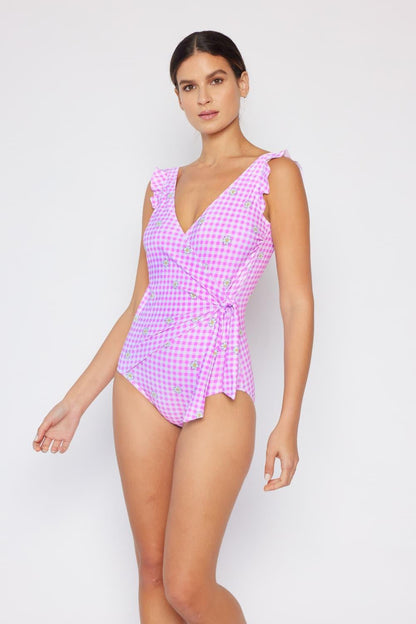 Marina West Swim Full Size Float On Ruffle Faux Wrap One-Piece in Carnation Pink Carauana Store