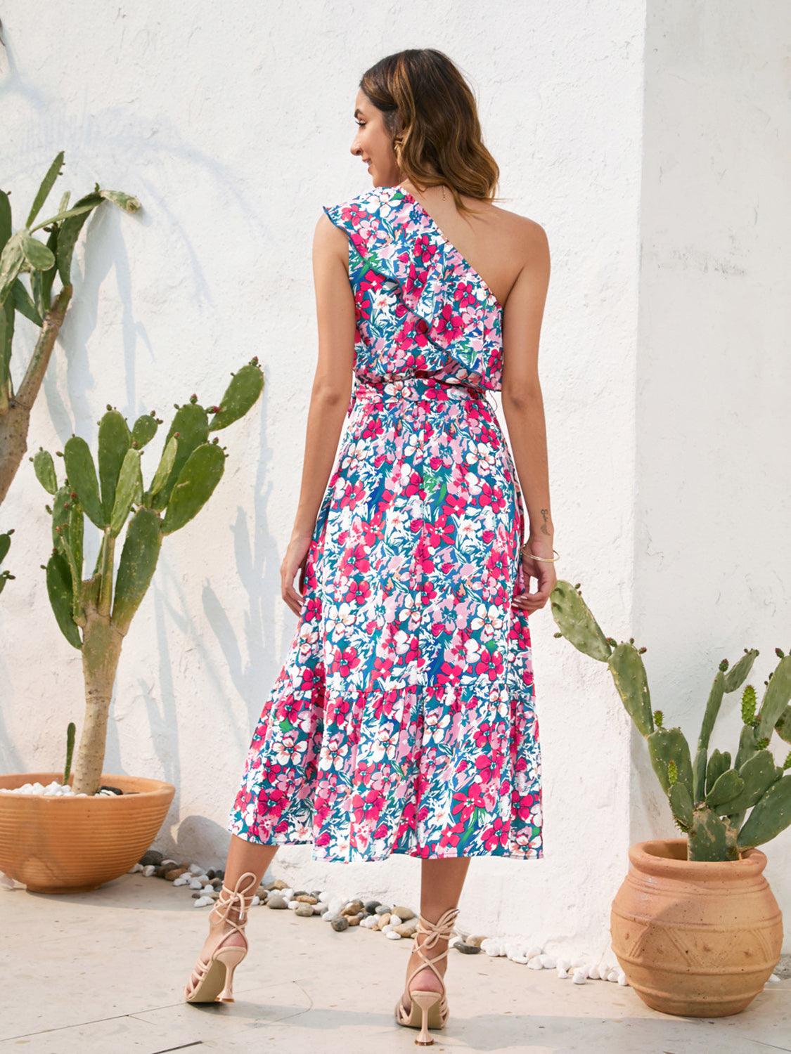 Ruffled Printed One Shoulder Midi Dress Carauana Store