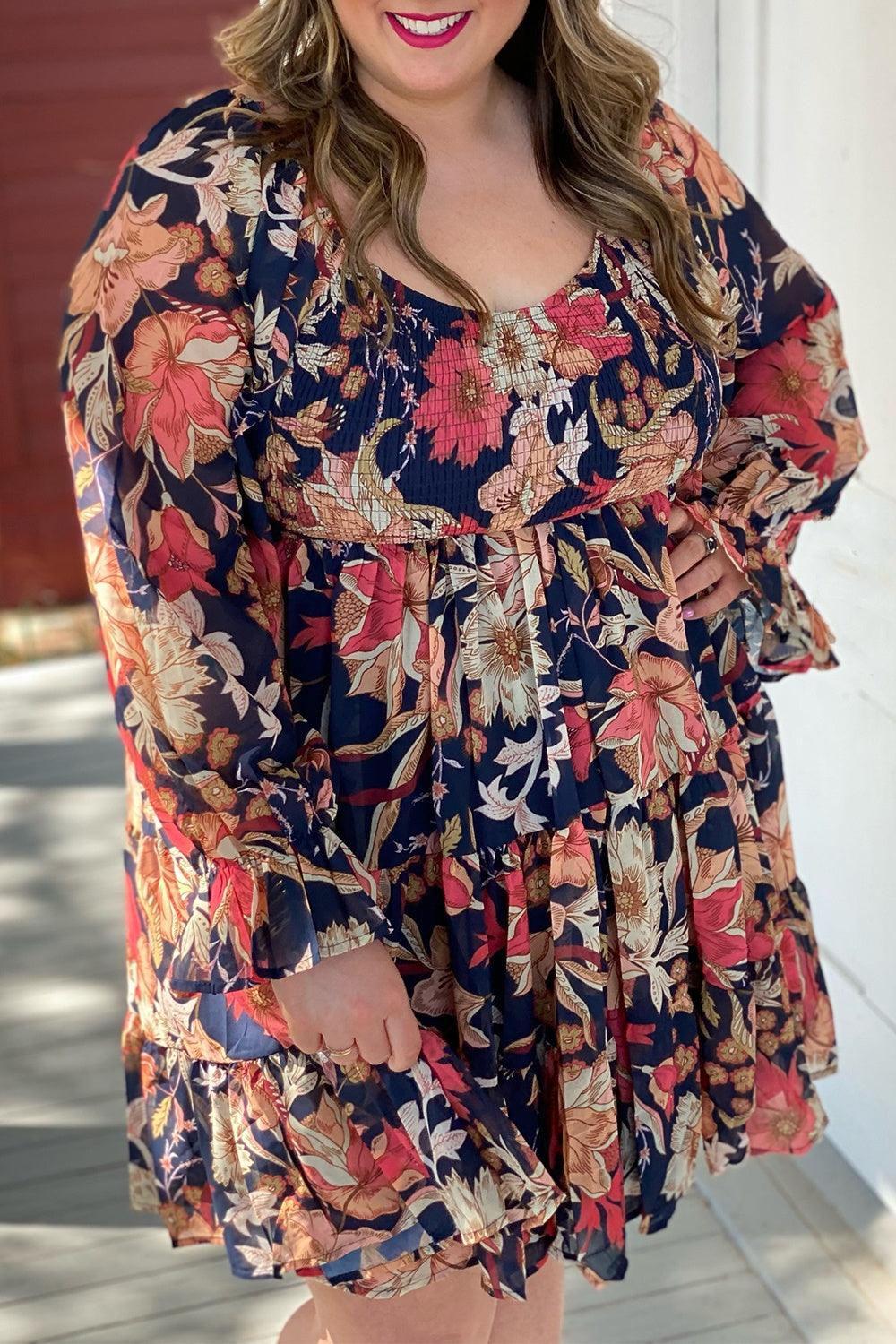 Plus Size Smocked Printed Long Sleeve Dress Carauana Store