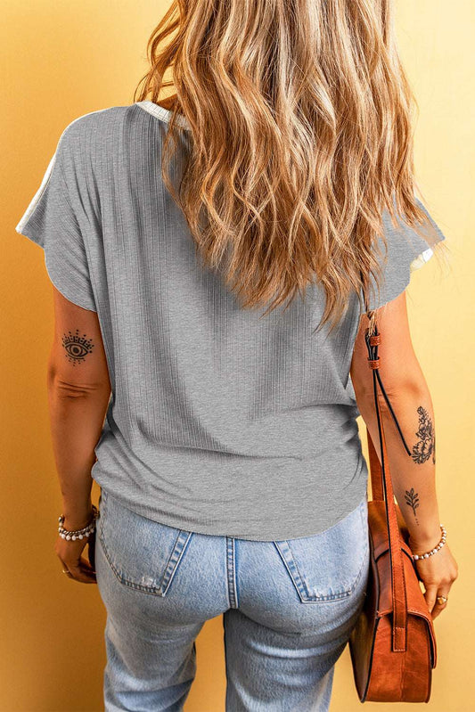 Gray Ribbed Color Block Patchwork T-shirt CaRaUaNa Fashion