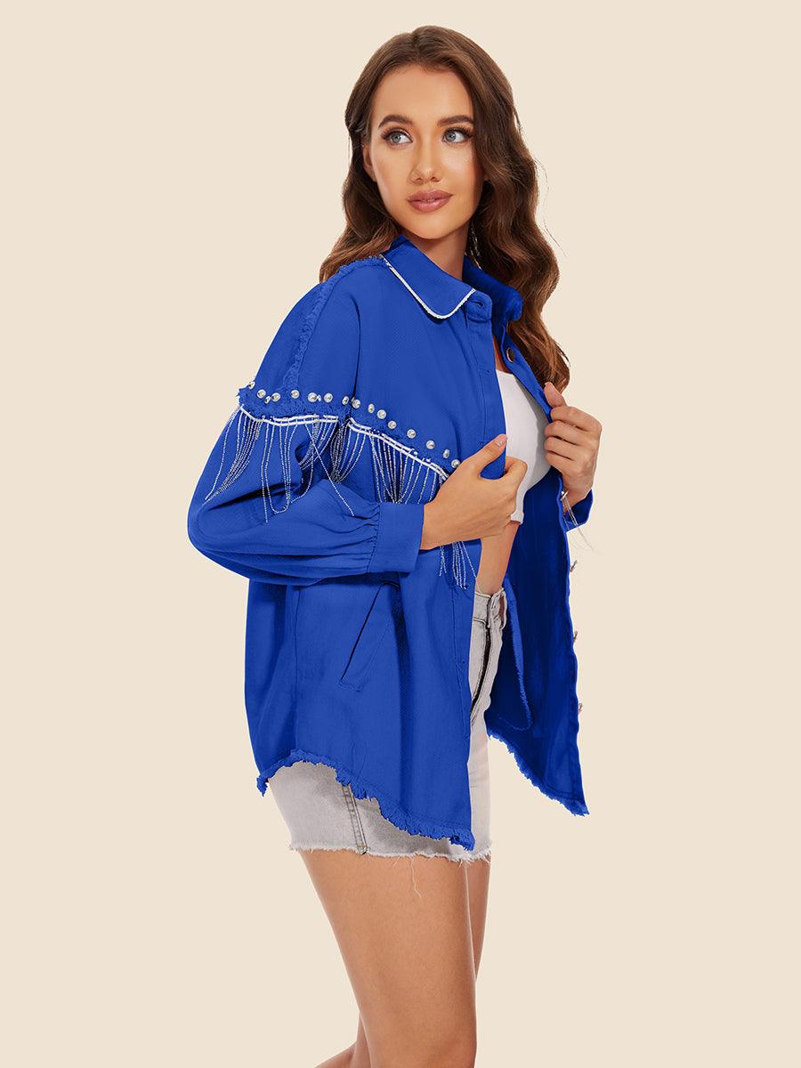 Raw Hem Fringe Detail Denim Jacket CaRaUaNa Fashion