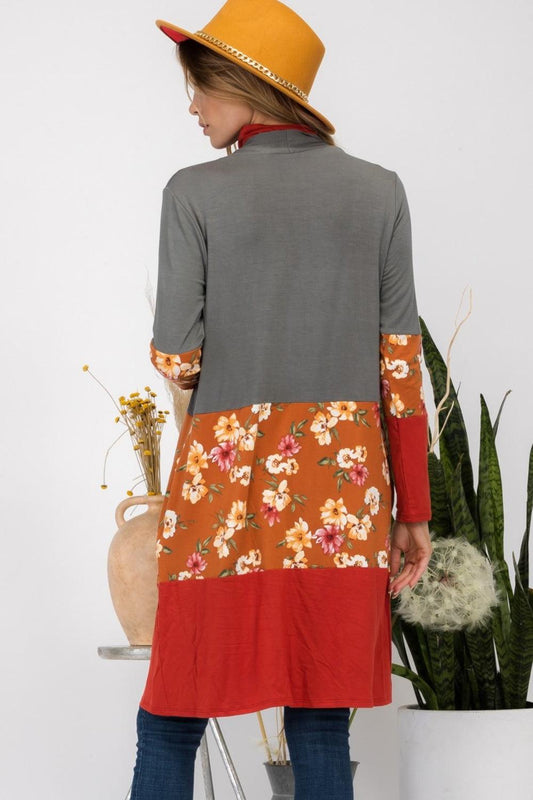 Celeste Full Size Floral Color Block Open Front Cardigan Carauana Store