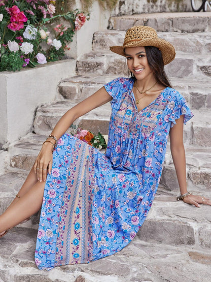 Ruffled Printed Tie Neck Cap Sleeve Dress Carauana Store