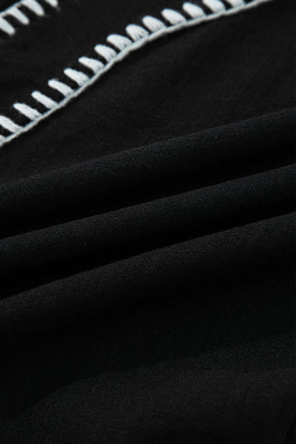 Black Contrast Stitched V Neck 3/4 Sleeve Tiered Mini Dress