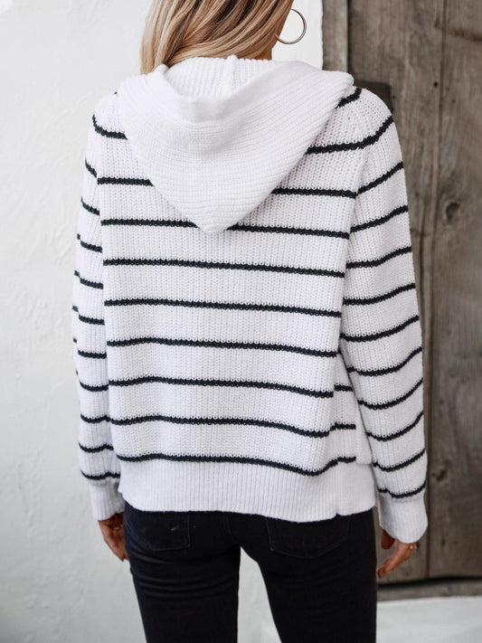 Striped Button Up Long Sleeve Hooded Cardigan Carauana Store