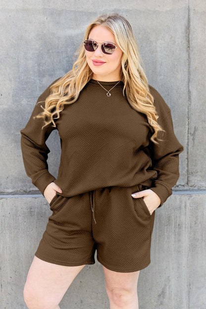 Double Take Full Size Texture Long Sleeve Top and Drawstring Shorts Set CaRaUaNa Fashion