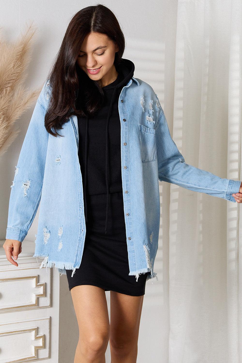 RISEN Full Size Distressed Raw Hem Denim Jacket Carauana Store