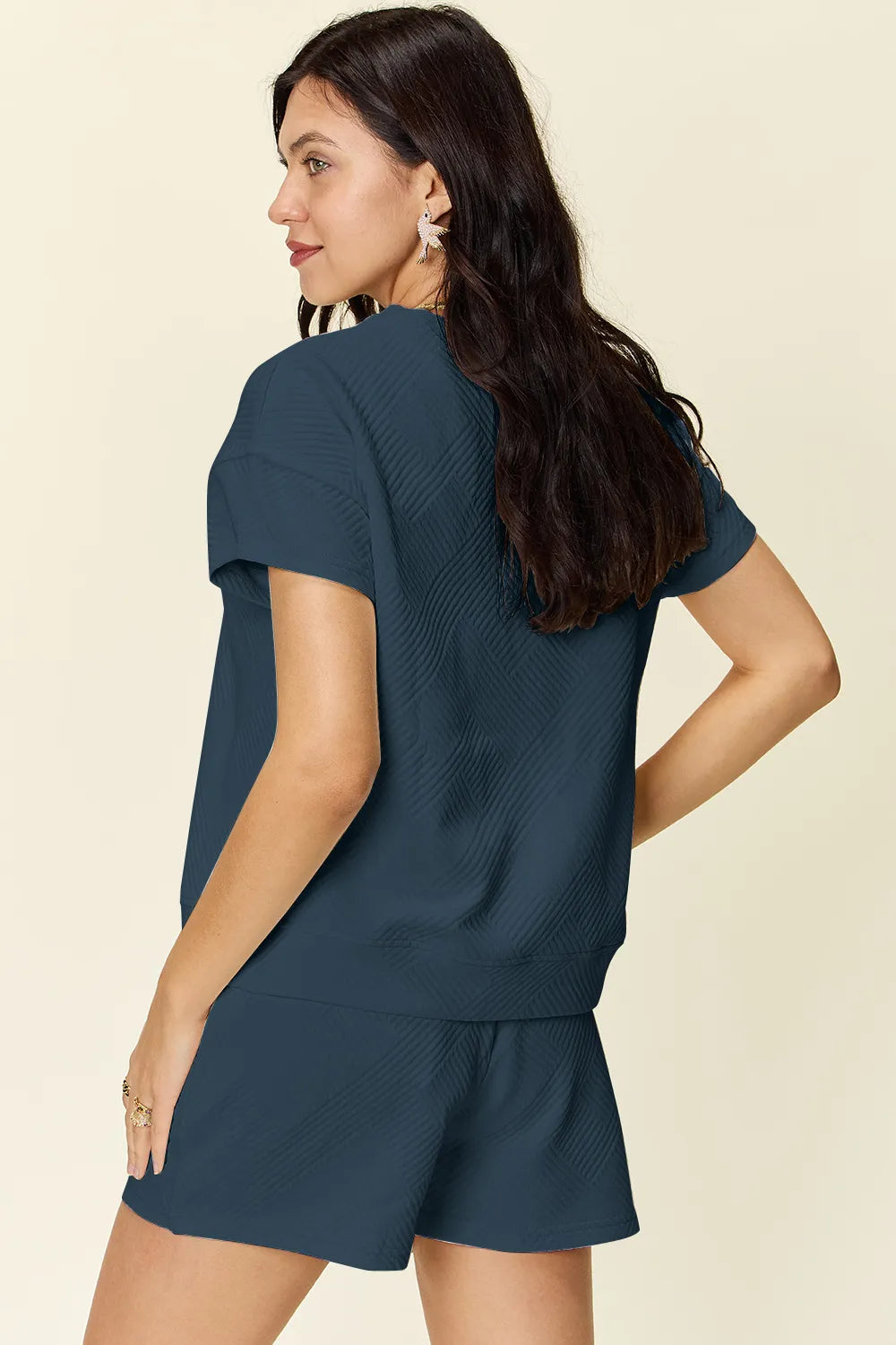 Double Take Full Size Texture Short Sleeve T-Shirt and Drawstring Shorts Set Carauana Store