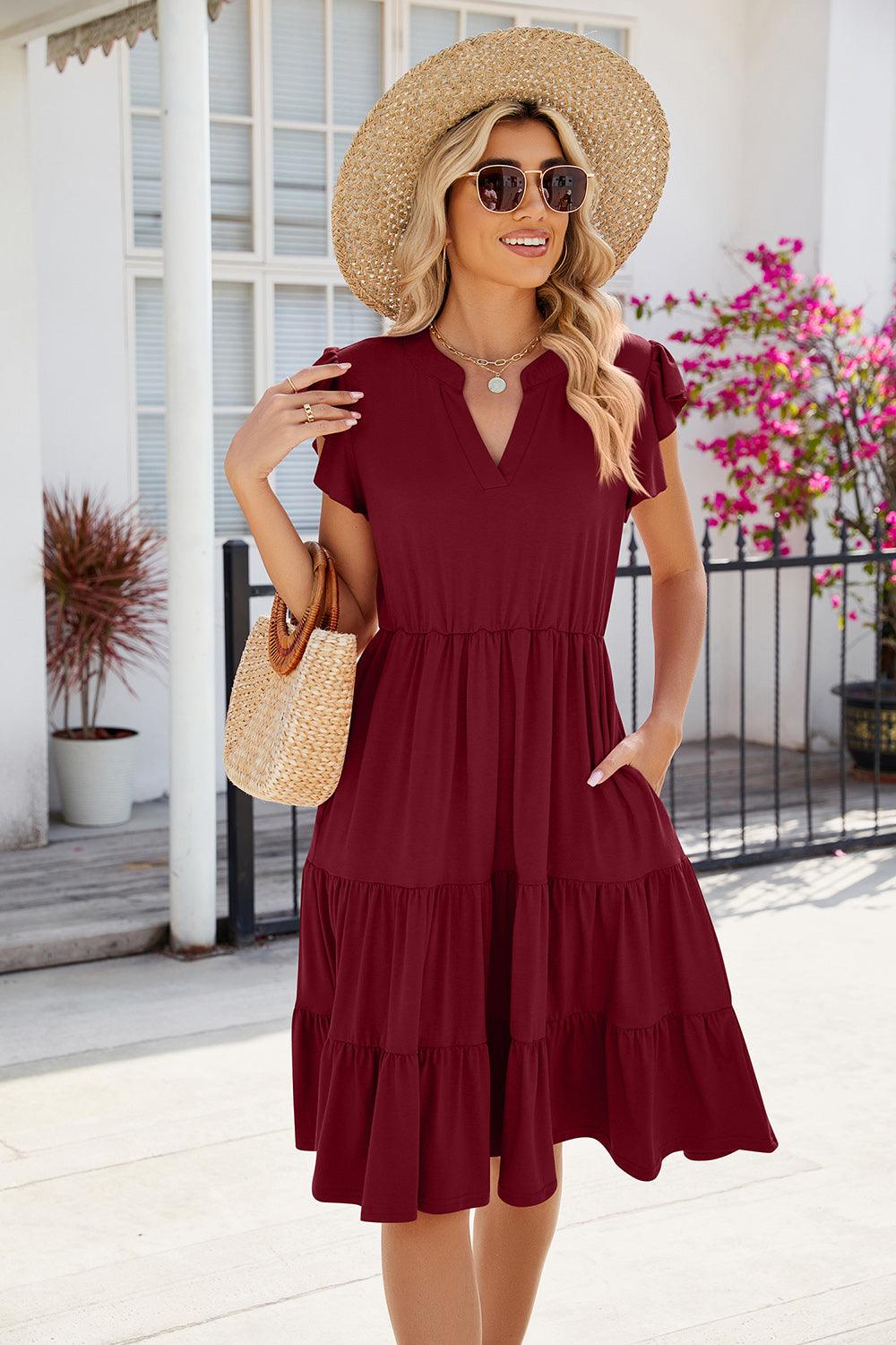 Ruched Notched Cap Sleeve Dress Carauana Store