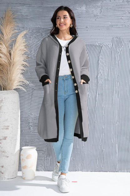 Button Up Contrast Trim Hooded Cardigan Carauana Store