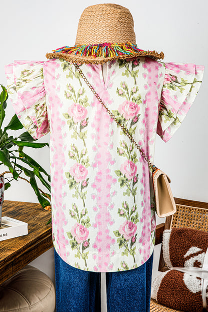 Pink Floral Print Ruffled Sleeve Summer Top