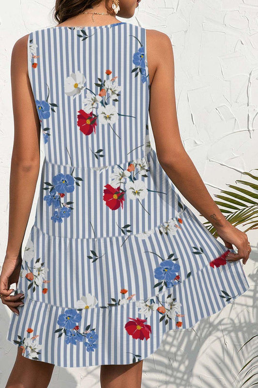 Printed V-Neck Sleeveless Mini Dress Carauana Store