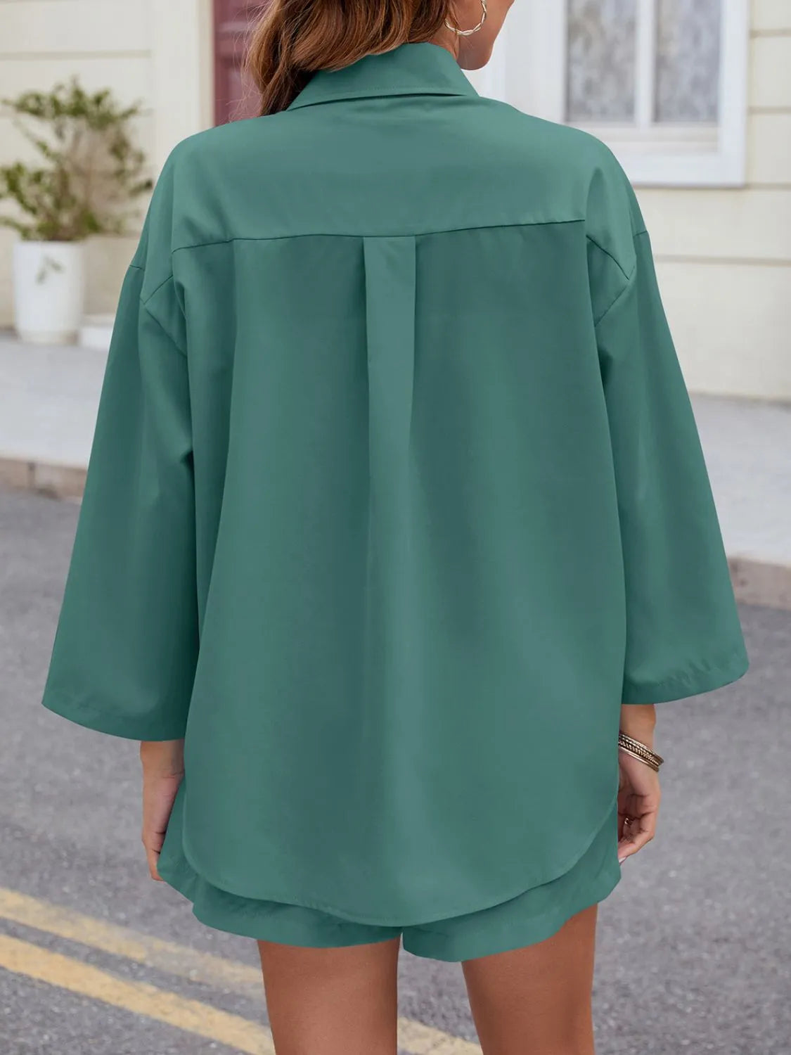 Button Up Long Sleeve Top and Shorts Set CaRaUaNa Fashion