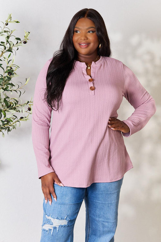 Celeste Full Size Texture Half Button Long Sleeve Blouse Carauana Store