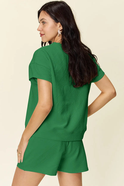 Double Take Full Size Texture Short Sleeve T-Shirt and Drawstring Shorts Set Carauana Store