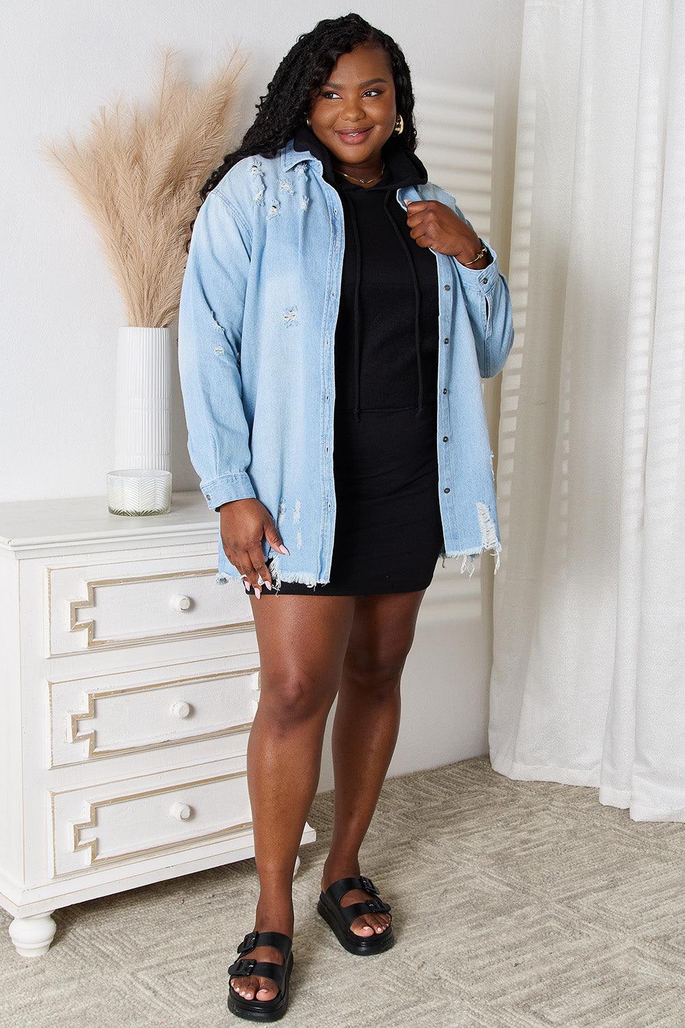 RISEN Full Size Distressed Raw Hem Denim Jacket Carauana Store
