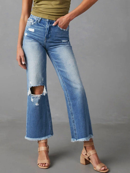 Distressed Raw Hem Jeans with Pockets Carauana Store