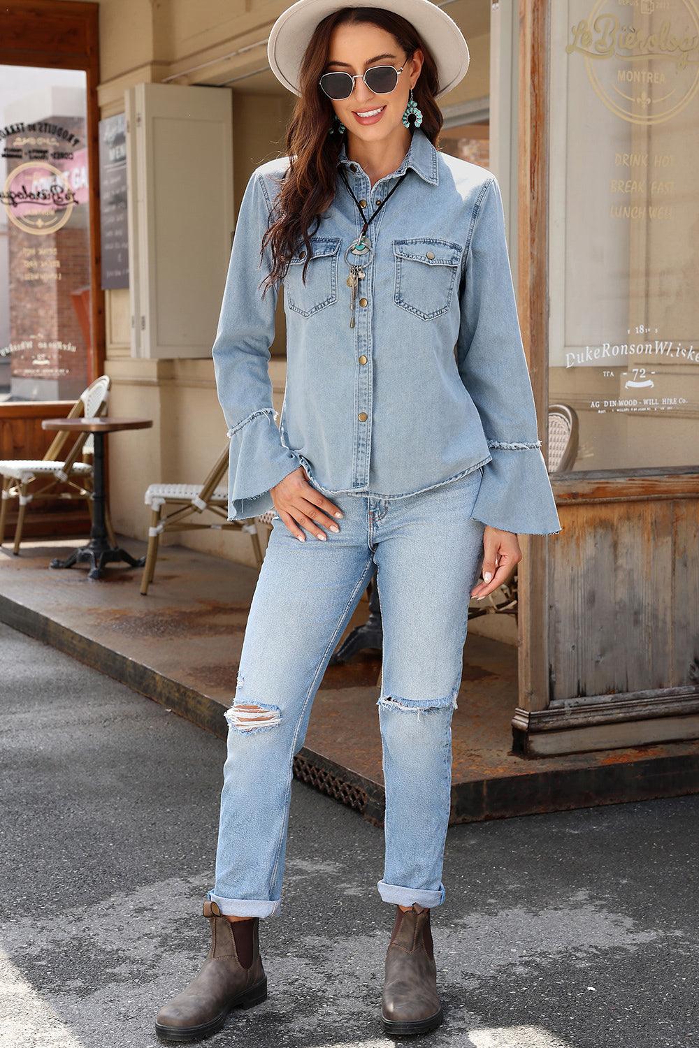 Button Front Flare Sleeve Denim Top Carauana Store